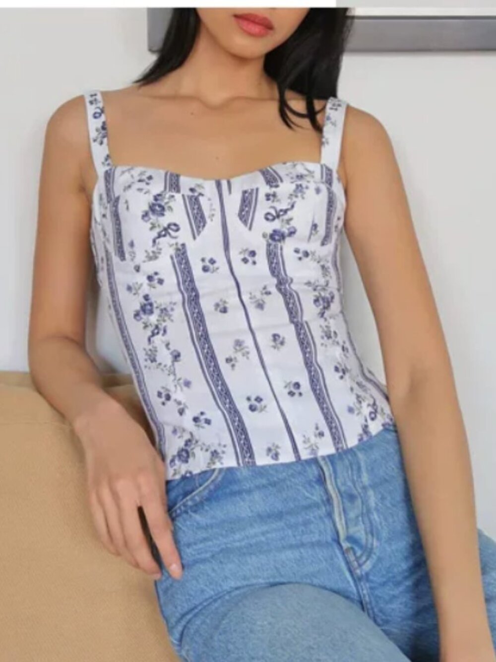 NWT Reformation Libra Top Sz4/6 Roquefort Blue White Floral French - Picture 2 of 6